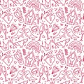 Valentine`s day doodle seamless pattern with heart, bird, lock, cactus, crown, ring, birdhouse, rainbow, gemstone, glasses, branc