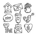 Valentine`s Day doodle style hand-drawn icon set with simple engraving retro effect Royalty Free Stock Photo