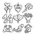 Valentine`s Day doodle style hand-drawn icon set with simple engraving retro effect Royalty Free Stock Photo