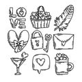 Valentine`s Day doodle style hand-drawn icon set with simple engraving retro effect Royalty Free Stock Photo