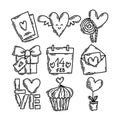 Valentine`s Day doodle style hand-drawn icon set with simple engraving retro effect Royalty Free Stock Photo