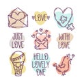 Valentine`s Day doodle style hand-drawn icons with simple engraving retro effect and quotes Royalty Free Stock Photo