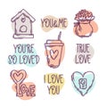 Valentine`s Day doodle style hand-drawn icons with simple engraving retro effect and quotes Royalty Free Stock Photo