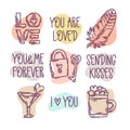 Valentine`s Day doodle style hand-drawn icons with simple engraving retro effect and quotes Royalty Free Stock Photo