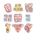 Valentine`s Day doodle style hand-drawn icons with simple engraving retro effect and quotes Royalty Free Stock Photo