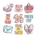 Valentine`s Day doodle style hand-drawn icons with simple engraving retro effect and quotes Royalty Free Stock Photo