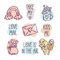 Valentine`s Day doodle style hand-drawn icons with simple engraving retro effect and quotes Royalty Free Stock Photo