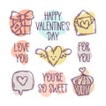 Valentine`s Day doodle style hand-drawn icons with simple engraving retro effect and quotes Royalty Free Stock Photo