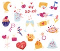Valentine\'s Day elements. Big set of love items, muffins, hearts, ring, arrows, keys, champagne, candies and flowers. Vector