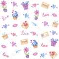 Valentine`s day elements of gift box, valentines, sweet cupcake and love letter, seamless pattern watercolor