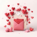 Valentine's day envelope with paper sheet isolated on white background.