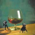 Valentine's Day event, performance. Stylish young couple dancing tango against giant glass with cognac. Contemporary Royalty Free Stock Photo