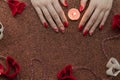 Valentine`s Day, February 14th. Red and white hearts. Fire candles. Red manicure. Frame. Background. Light, brilliant. Hearts mad Royalty Free Stock Photo