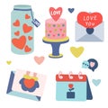 Valentine\'s Day and February 14 vector set of elements  stickers  envelope  cake  jar  hearts. Royalty Free Stock Photo