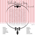 Valentine\'s Day (14 February) word search puzzle. Printable party card. Educational game.