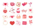 Valentine`s day flat icons set. Gifts, couple cups,