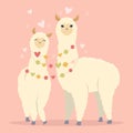 Valentine`s day flat illustration. Be my llamantine card for with cute llama alpaca and hearts