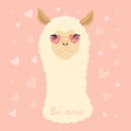 Valentine`s day flat illustration. Be my llamantine card for with cute llama alpaca and hearts