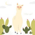 Valentine`s day flat illustration. Be my llamantine card for with cute llama alpaca and hearts