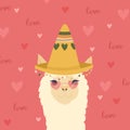 Valentine`s day flat illustration. Be my llamantine card for with cute llama alpaca and hearts