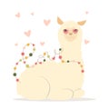 Valentine`s day flat illustration. Be my llamantine card for with cute llama alpaca and hearts