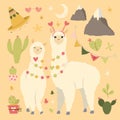 Valentine`s day flat illustration. Be my llamantine card for with cute llama alpaca and hearts