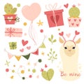 Valentine`s day flat illustration. Be my llamantine card for with cute llama alpaca and hearts