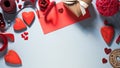 Valentine`s Day flat lay template in red and cold gray colors with copy space Royalty Free Stock Photo