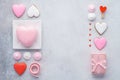 Valentines Day frame made of gift box, heart shaped treats.