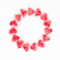 Valentine`s day frame made of watermelon slice on white background. Flat lay, top view. Frame background Royalty Free Stock Photo