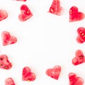 Valentine`s day frame made of watermelon on white background. Flat lay, top view. Royalty Free Stock Photo