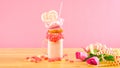 Valentine`s Day freak shakes with heart shaped lollipops and donuts.