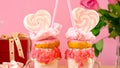 Valentine`s Day freak shakes with heart shaped lollipops and donuts.