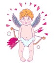 Valentine`s day. Funny Cupid-boy in cloud pants with bow and arrows in his hands. Hearts around.