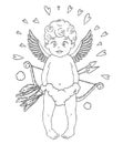 Valentine`s day. Funny Cupid-boy in cloud pants with bow and arrows in his hands. Hearts around.