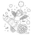 Valentine`s day. Funny Cupid-boy riding on a cannon firing hearts.