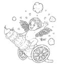 Valentine`s day. Funny Cupid-boy riding on a cannon firing hearts.