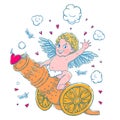 Valentine`s day. Funny Cupid-boy riding on a cannon firing hearts.