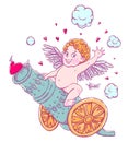 Valentine`s day. Funny Cupid-boy riding on a cannon firing hearts.