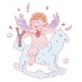 Valentine`s day. Funny Cupid on a cloud horse shoots with a slingshot. Royalty Free Stock Photo