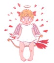 Valentine`s day. Funny Cupid-girl in white dress with bow and arrows in her hands. Hearts around.