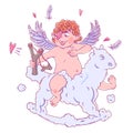 Valentine`s day. Funny Cupid with patch on the knee on a cloud horse shoots with a slingshot.