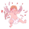 Valentine`s day. Funny Cupid with patch on the knee on a cloud shoots with a slingshot. Royalty Free Stock Photo