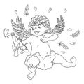 Valentine`s day. Funny Cupid with patch on the knee on a cloud shoots with a slingshot.