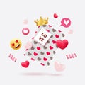 Valentine`s Day gift blox with cute heart pattern and elements. Lovely crawn, hearts, emoji, ribbon and icons object Royalty Free Stock Photo