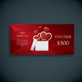 Valentine's day gift card voucher template present and space for your text. Horizontal red low poly vector background.