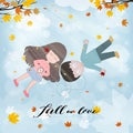 Valentine`S Day.girl and boy lying together under branches autumn leaves with sunlight shining.Cute cartoon Autumnal young couple Royalty Free Stock Photo