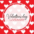 Valentine`s day giveaway. Social media banner with cute red and white heart pattern