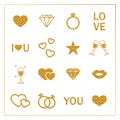 Valentine's day golden glitter design elements set.