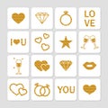 Valentine's day golden glitter design elements set.